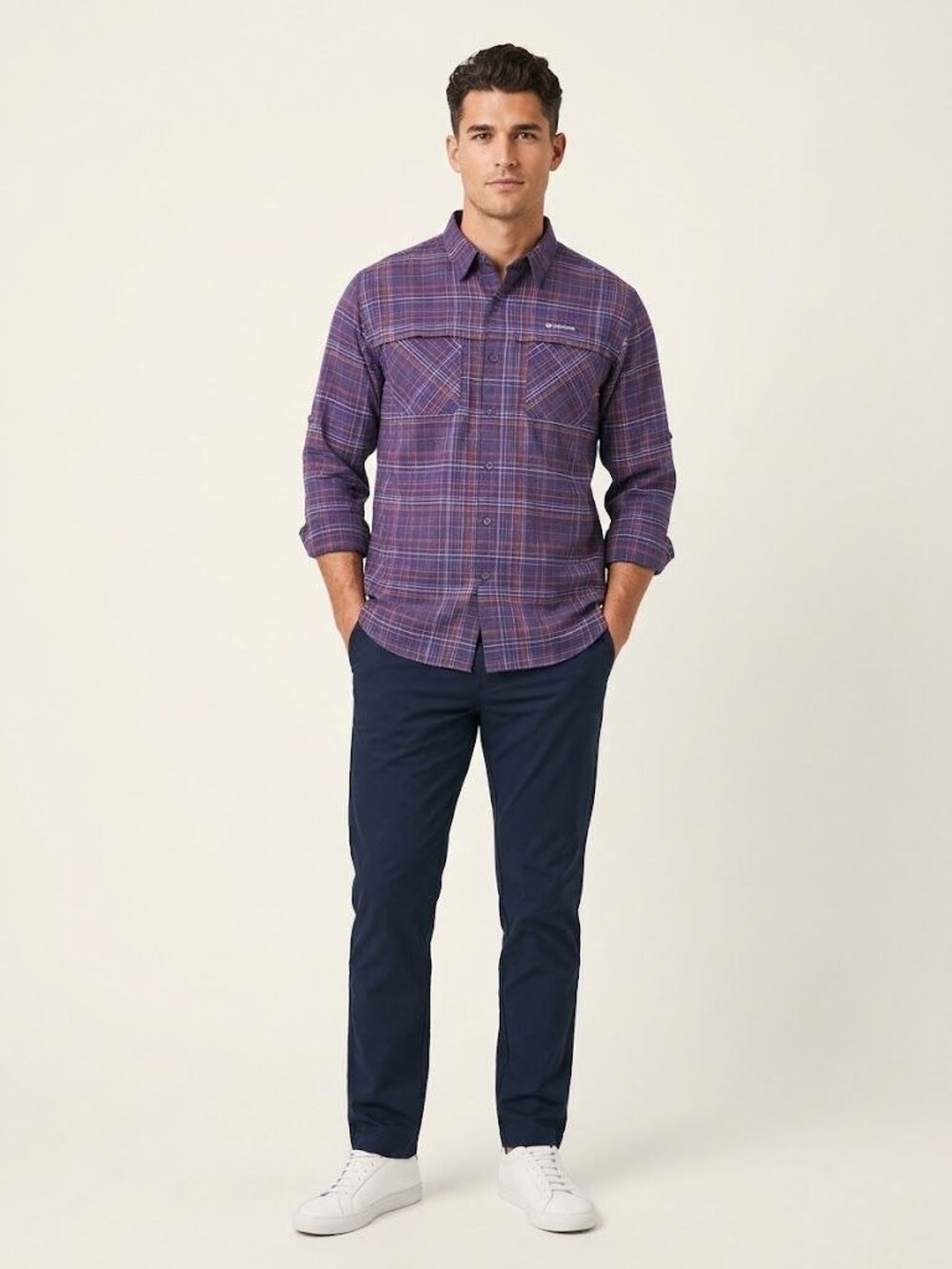 Columbia Mens 2XL Purple Plaid Omni-Wick Long Sleeve Button Up Shirt Outdoor